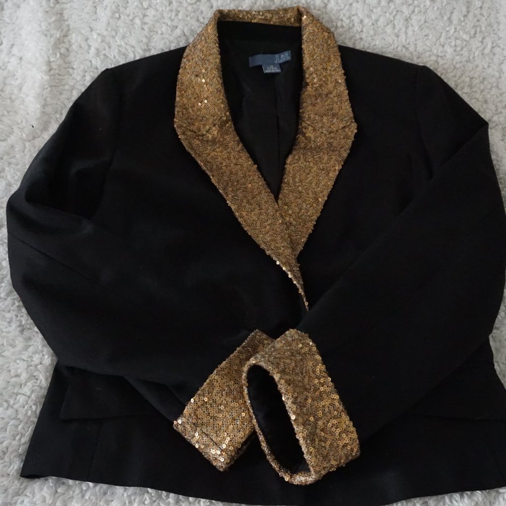 RARE Gold Sequined Lapel and Cuff Black Blazer